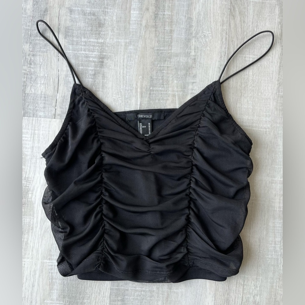 FOREVER 21 Black Ruched Sheer/Lined Spaghetti Strap Top Size Medium